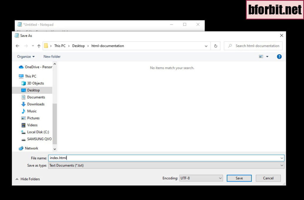 Save As window with file name index.html
