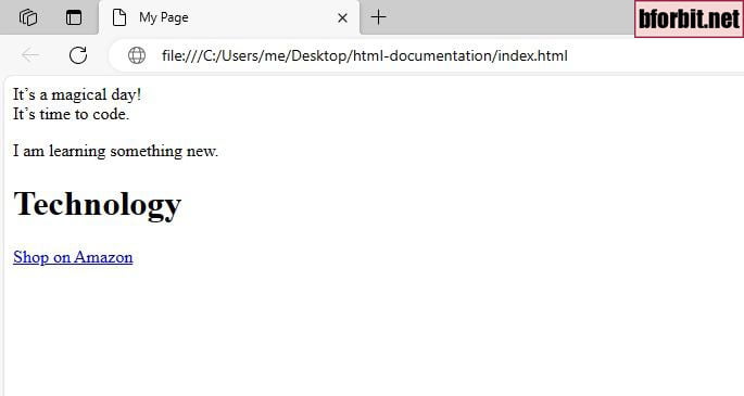Webpage with 3 sentences, a heading, and a hyperlink to Amazon