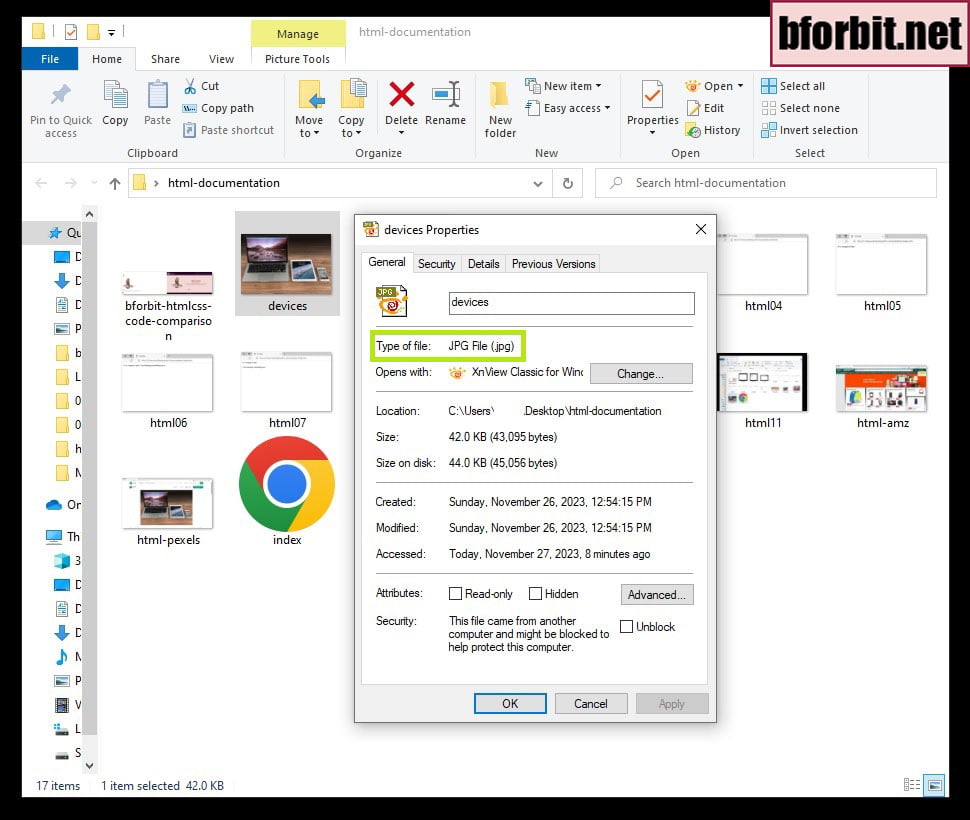 File properties for an image file