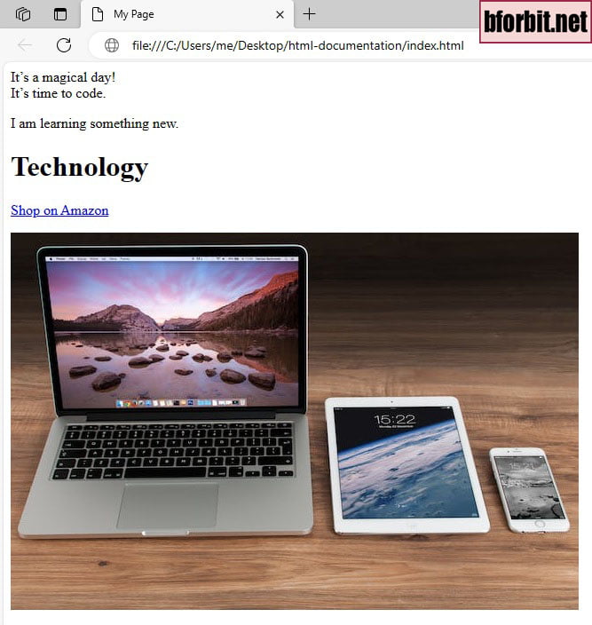 Completed webpage with lines of text, a heading, a hyperlink, and image