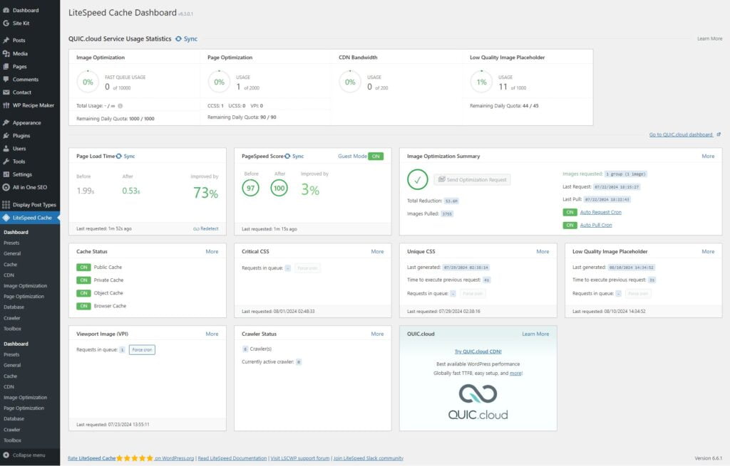 LiteSpeed Cache dashboard on WordPress blog as part of learning seo