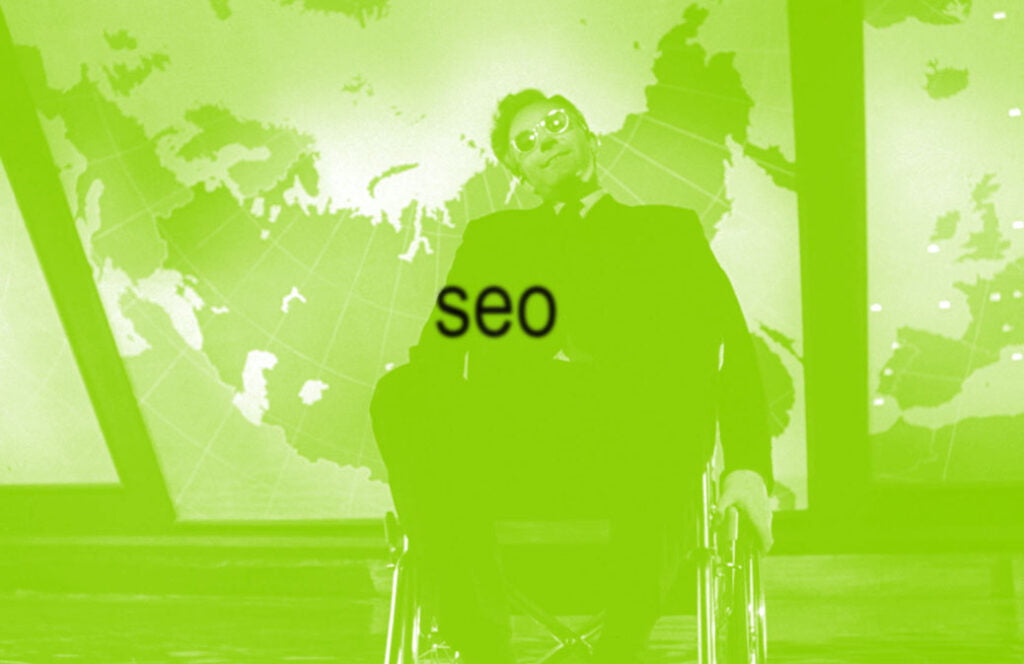 Peter Sellers as Dr. Strangelove with a lime green overlay inspired by Charli XCX's Brat album cover with the letters seo at center