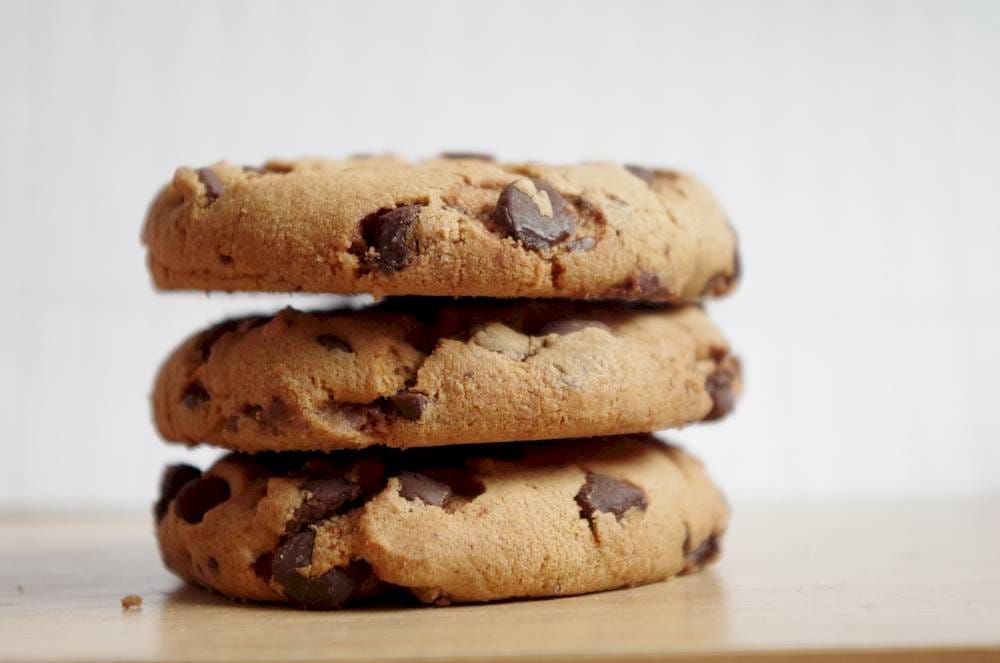 a stack of 3 chocolate chip cookies