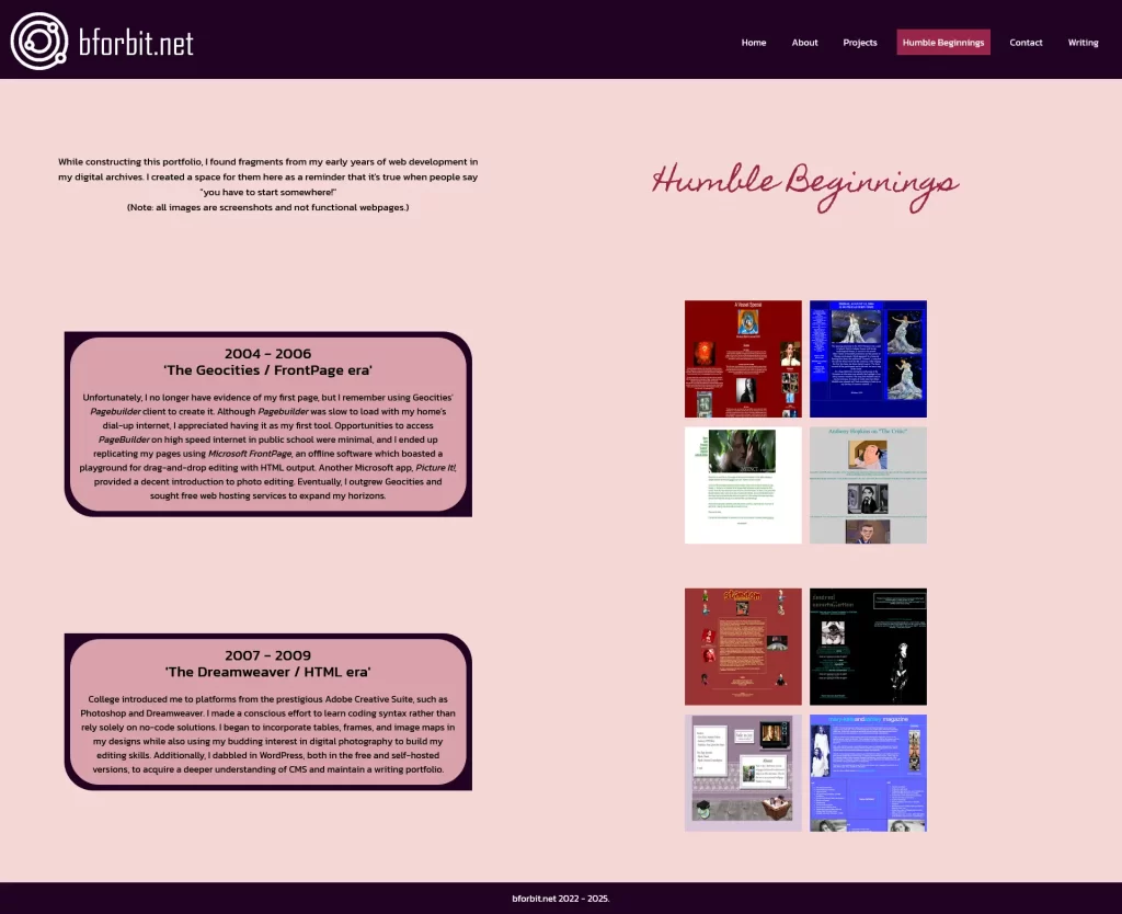 original design of Humble Beginnings page from bforbit.net