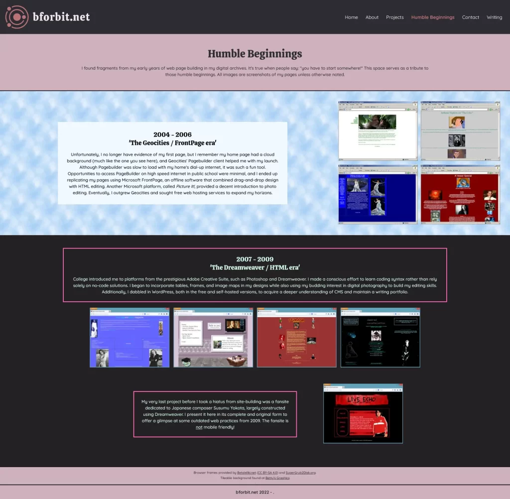 updated design for 'Humble Beginnings' page on bforbit.net